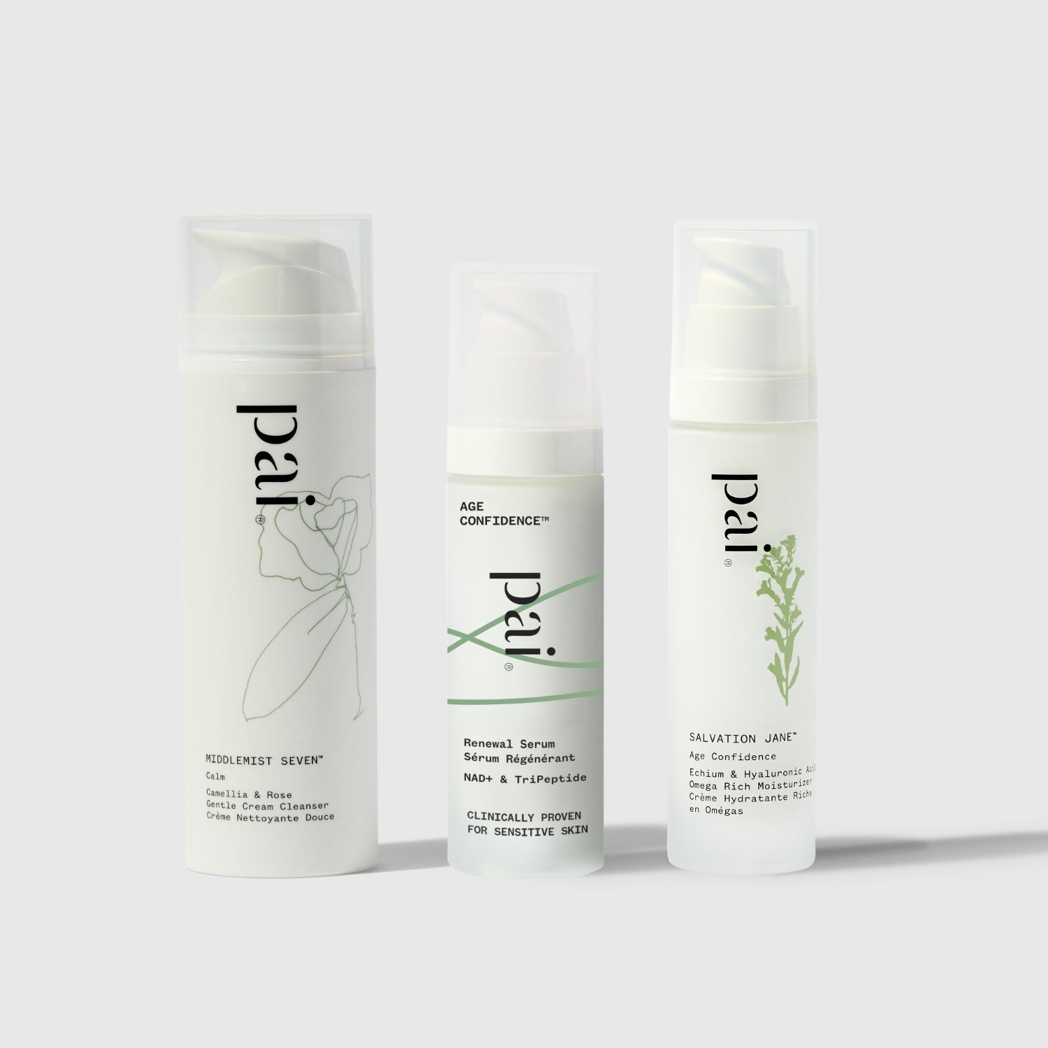 Three Pai Skincare products arranged together: Middlemist Seven cleanser with botanical illustration, Age Confidence renewal serum in center, and Salvation Jane moisturizer with green plant design